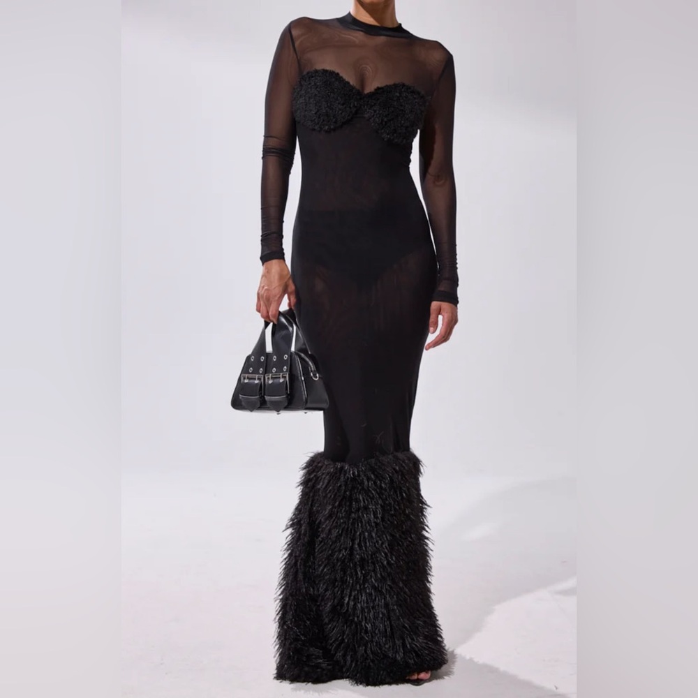 Black Sheer Long Sleeve Maxi Dress with Feathered Flare